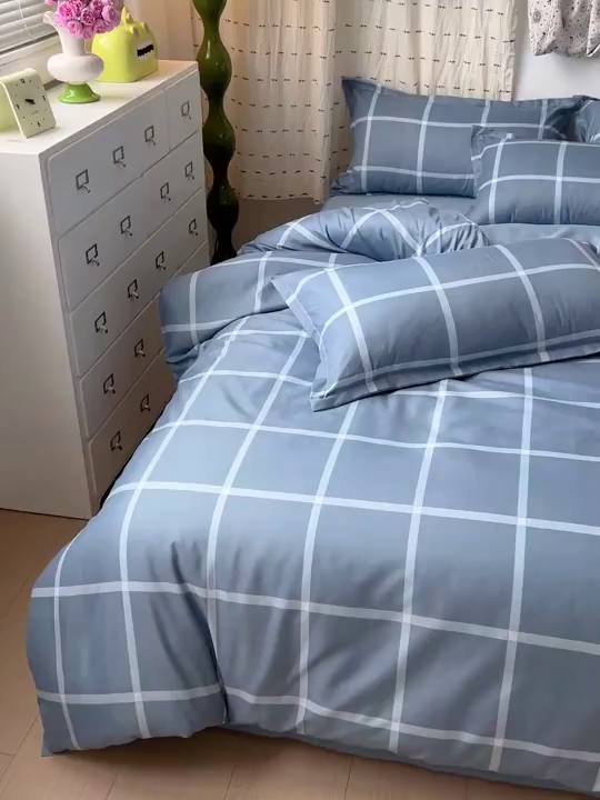 91家纺网 家纺一手货源 找家纺 楠沐家纺 2025新款格子系列亲肤芦荟棉磨毛单被套 海蓝大格