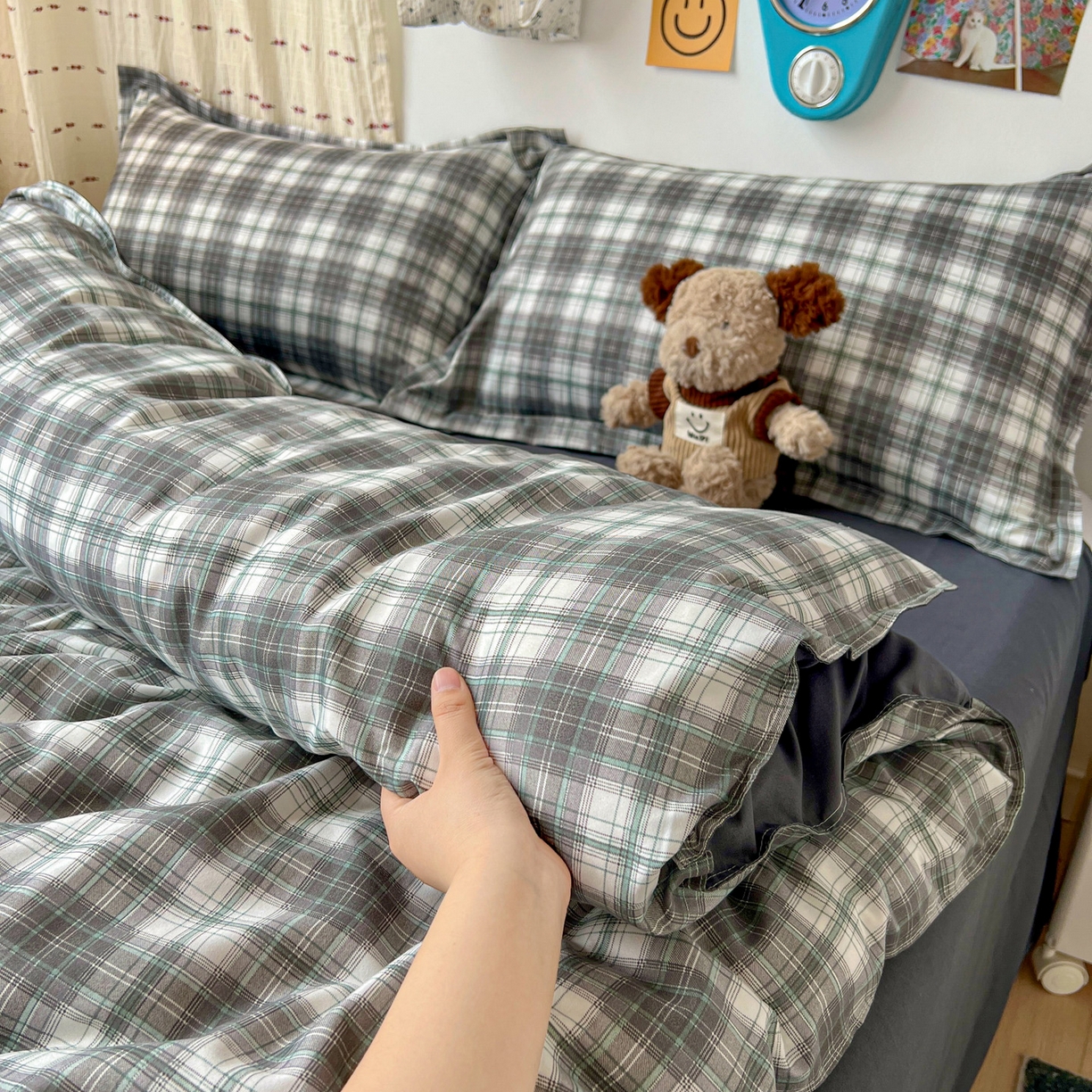 91家纺网 家纺一手货源 找家纺 楠沐家纺 2025新款格子系列亲肤芦荟棉磨毛单被套 洛可可灰