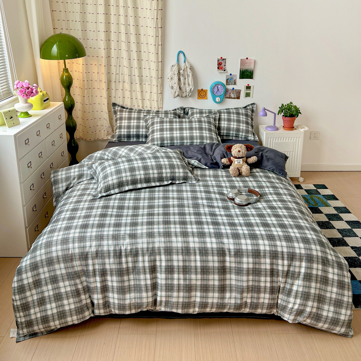 91家纺网 家纺一手货源 找家纺 楠沐家纺 2025新款格子系列亲肤芦荟棉磨毛单被套 洛可可灰