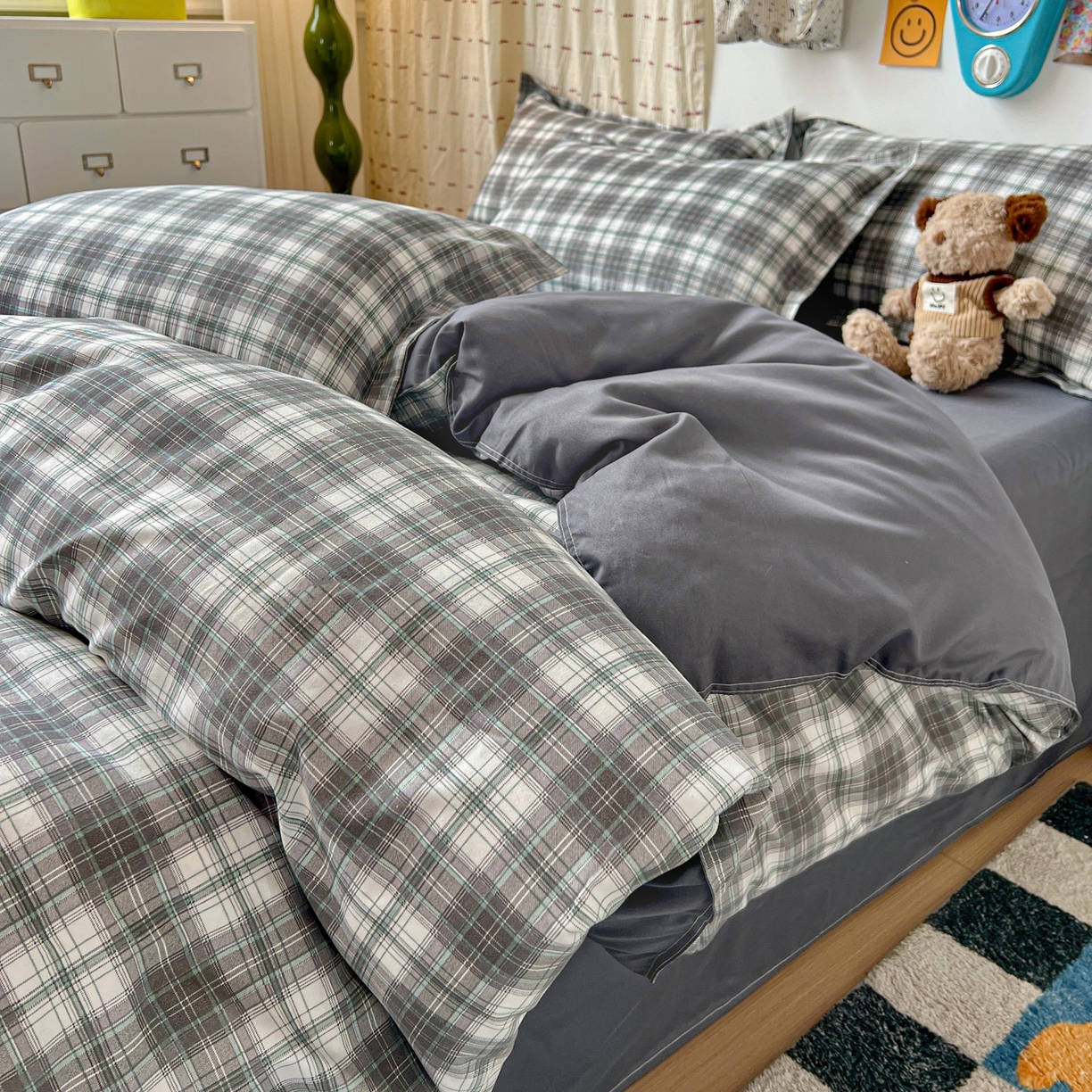 楠沐家纺 2025新款格子系列亲肤芦荟棉磨毛单被套 洛可可灰
