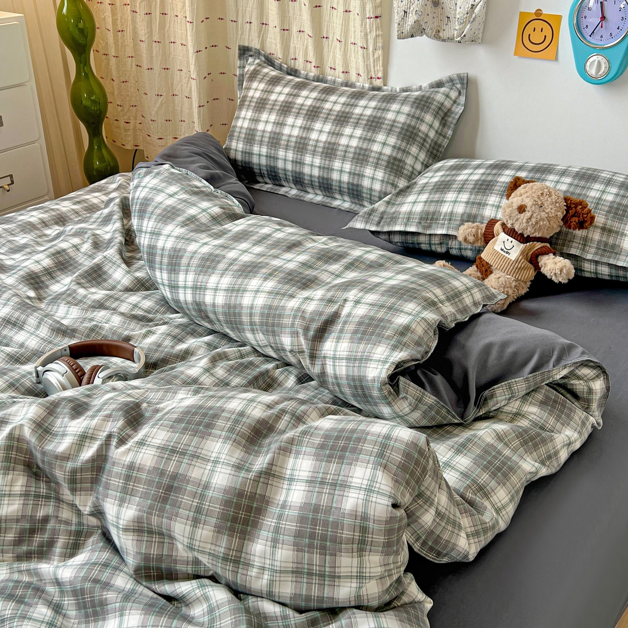 91家纺网 家纺一手货源 找家纺 楠沐家纺 2025新款格子系列亲肤芦荟棉磨毛单被套 洛可可灰