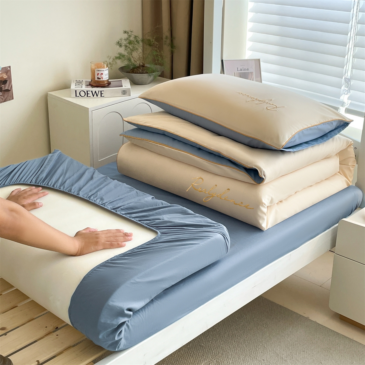 笙意家纺 2025新款亲肤水洗棉麻绳款学生三件套-安琪系列 安琪-奶昔白+海清