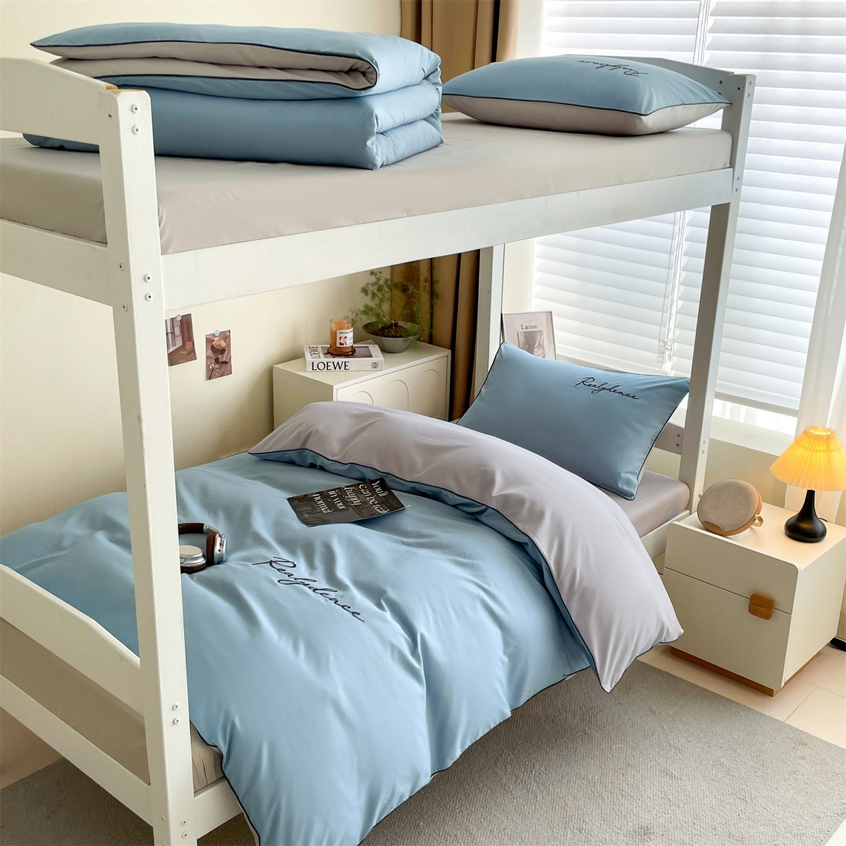 91家纺网 家纺一手货源 找家纺 笙意家纺 2025新款亲肤水洗棉麻绳款学生三件套-安琪系列 安琪-海清+山灰