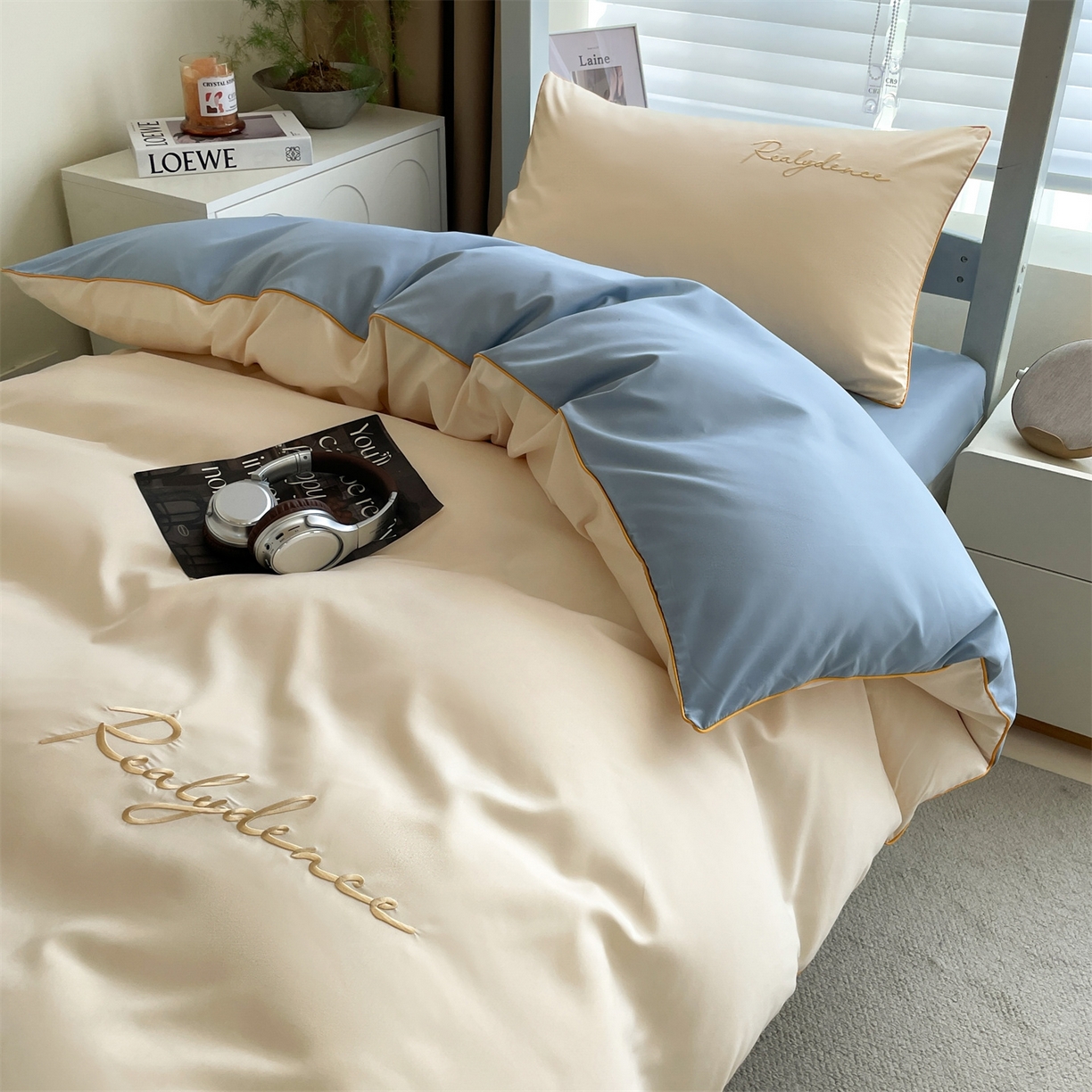 91家纺网 家纺一手货源 找家纺 笙意家纺 2025新款亲肤水洗棉麻绳款学生三件套-安琪系列 安琪-奶昔白+海清