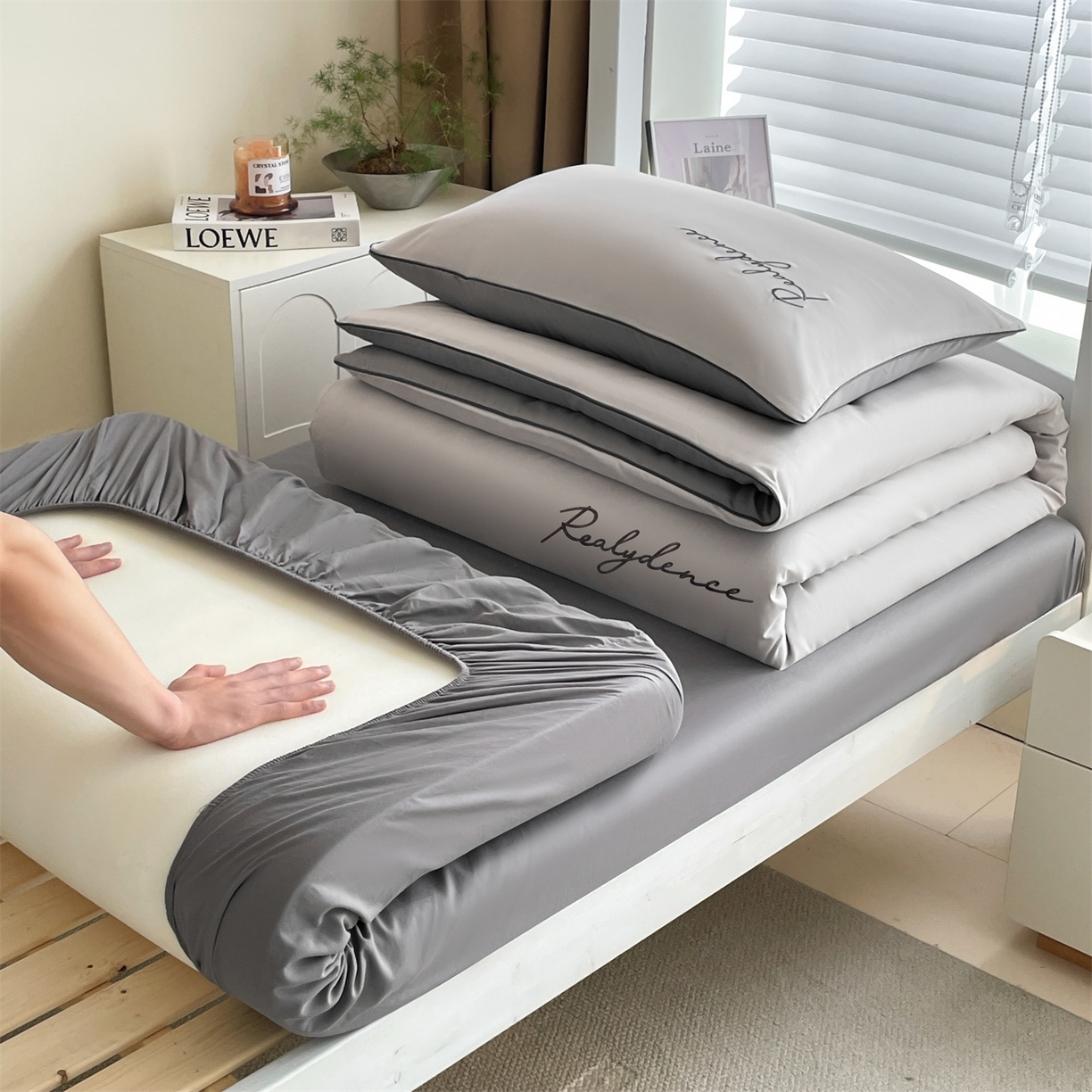 笙意家纺 2025新款亲肤水洗棉麻绳款学生三件套-安琪系列 安琪-山灰+中灰