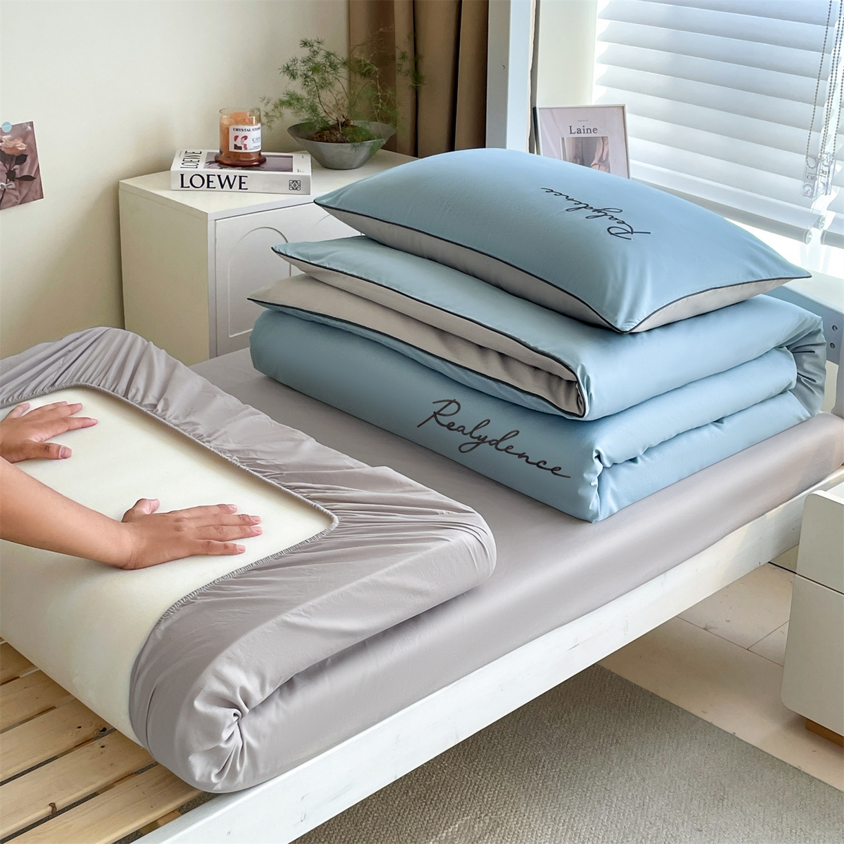 笙意家纺 2025新款亲肤水洗棉麻绳款学生三件套-安琪系列 安琪-海清+山灰