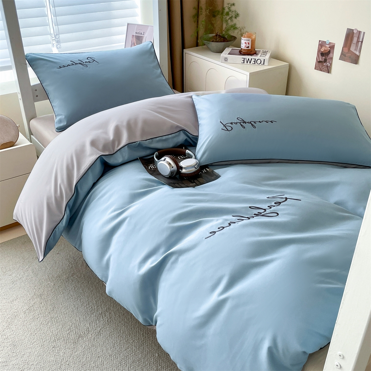 91家纺网 家纺一手货源 找家纺 笙意家纺 2025新款亲肤水洗棉麻绳款学生三件套-安琪系列 安琪-海清+山灰