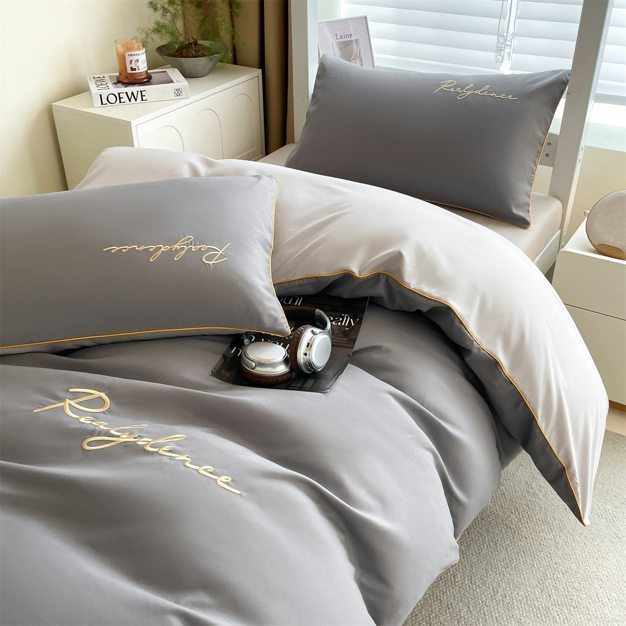 91家纺网 家纺一手货源 找家纺 笙意家纺 2025新款亲肤水洗棉麻绳款学生三件套-安琪系列 安琪-中灰+山灰