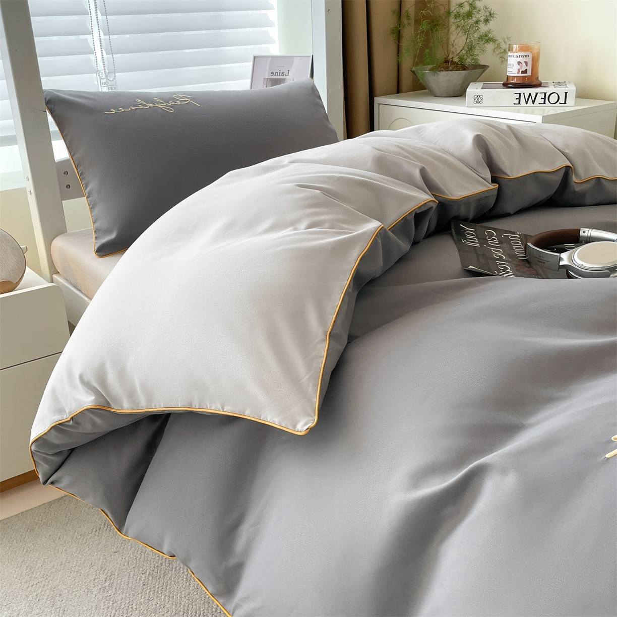 91家纺网 家纺一手货源 找家纺 笙意家纺 2025新款亲肤水洗棉麻绳款学生三件套-安琪系列 安琪-中灰+山灰