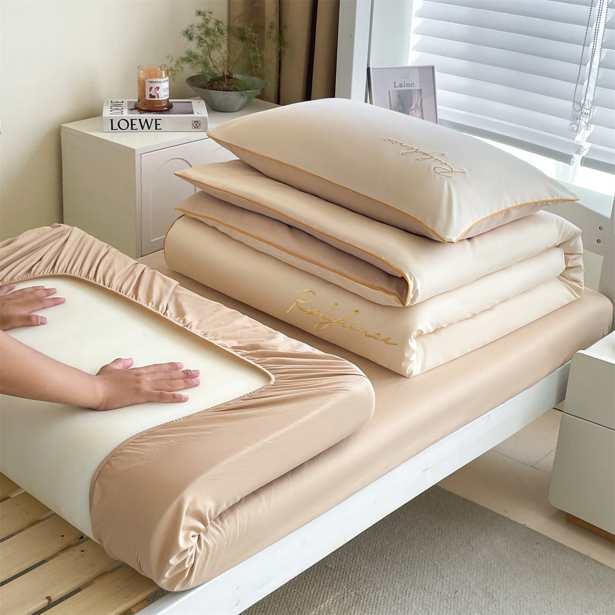 笙意家纺 2025新款亲肤水洗棉麻绳款学生三件套-安琪系列 安琪-奶昔白+奶茶