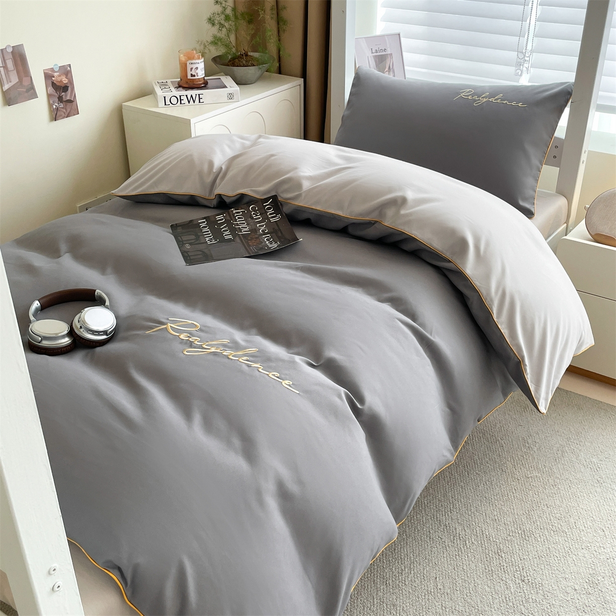 91家纺网 家纺一手货源 找家纺 笙意家纺 2025新款亲肤水洗棉麻绳款学生三件套-安琪系列 安琪-中灰+山灰