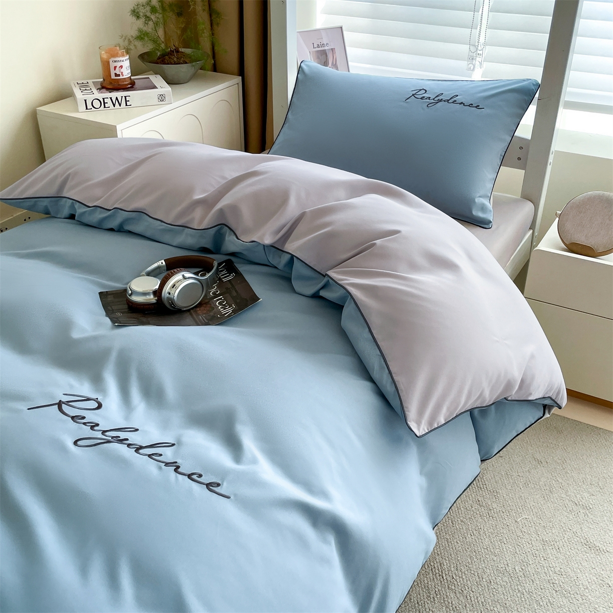 91家纺网 家纺一手货源 找家纺 笙意家纺 2025新款亲肤水洗棉麻绳款学生三件套-安琪系列 安琪-海清+山灰