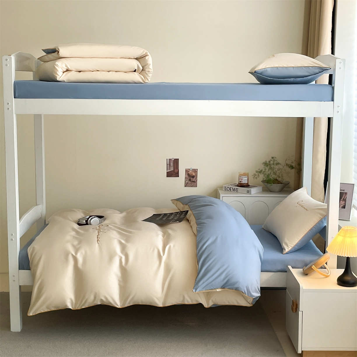 91家纺网 家纺一手货源 找家纺 笙意家纺 2025新款亲肤水洗棉麻绳款学生三件套-安琪系列 安琪-奶昔白+海清