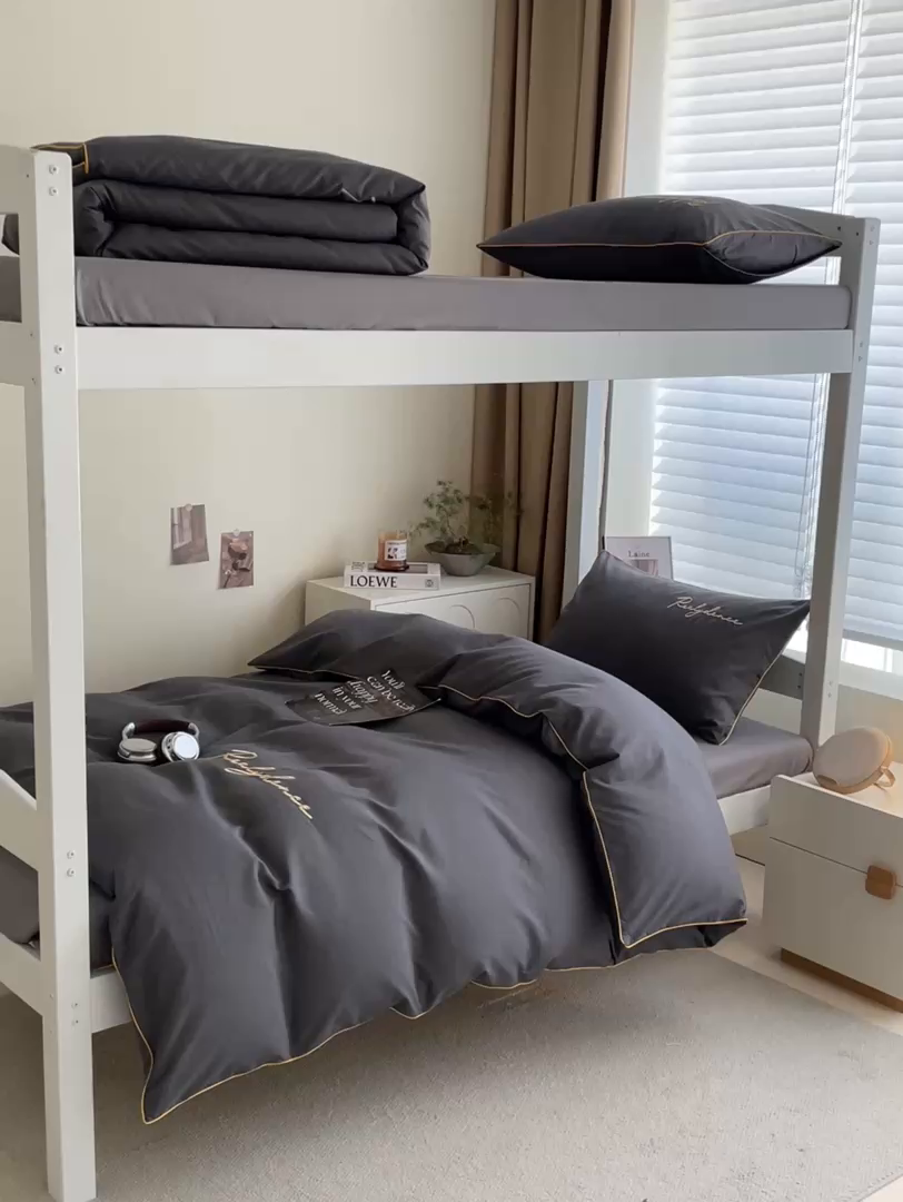 91家纺网 家纺一手货源 找家纺 笙意家纺 2025新款亲肤水洗棉麻绳款学生三件套-安琪系列 安琪-高级灰