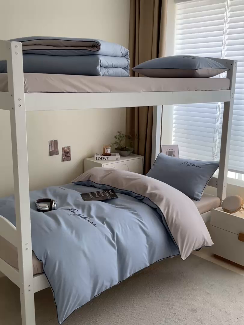 91家纺网 家纺一手货源 找家纺 笙意家纺 2025新款亲肤水洗棉麻绳款学生三件套-安琪系列 安琪-海清+山灰