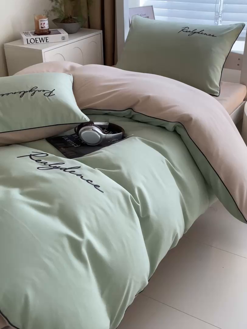 91家纺网 家纺一手货源 找家纺 笙意家纺 2025新款亲肤水洗棉麻绳款学生三件套-安琪系列 安琪-灰绿+奶茶