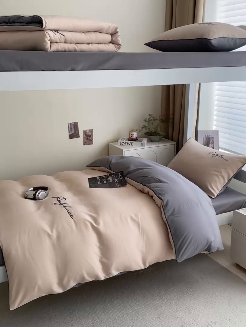 91家纺网 家纺一手货源 找家纺 笙意家纺 2025新款亲肤水洗棉麻绳款学生三件套-安琪系列 安琪-奶茶+中灰