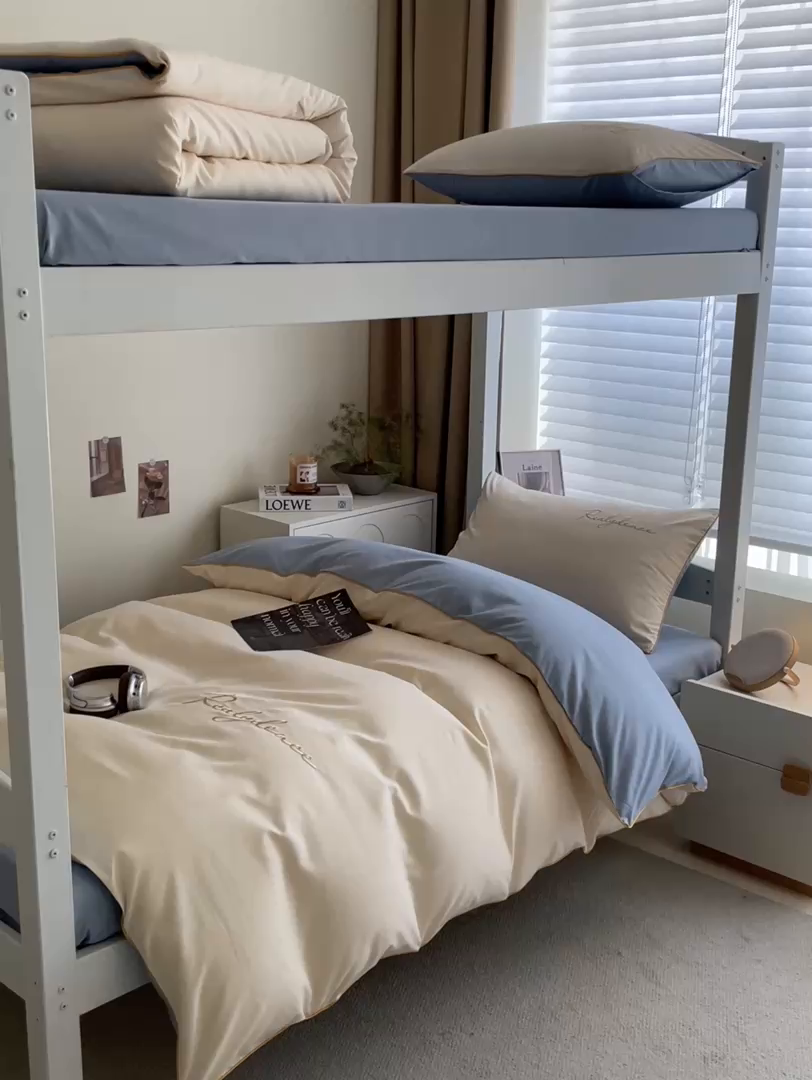 91家纺网 家纺一手货源 找家纺 笙意家纺 2025新款亲肤水洗棉麻绳款学生三件套-安琪系列 安琪-奶昔白+海清