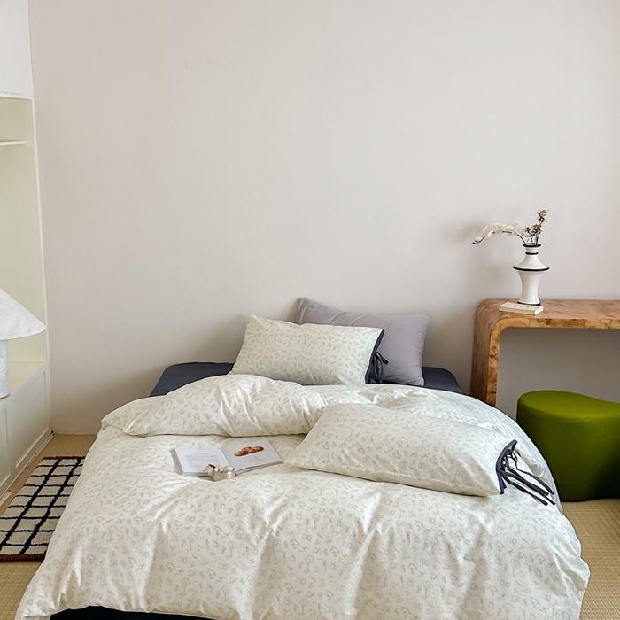 91家纺网 家纺一手货源 找家纺 尺素 2025新款纯棉卡通ins风四件套可爱少女风全棉被套纯色1.8床笠加大床单学生1.2三件套 清梦--浅黄