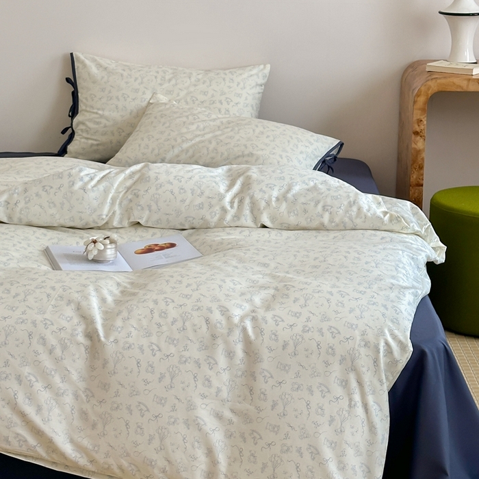 91家纺网 家纺一手货源 找家纺 （总）尺素2025新款 纯棉蝴蝶结绑带款四件套少女心可爱枕套儿童卡通纯棉三件套1.8床笠加大床单民宿床品