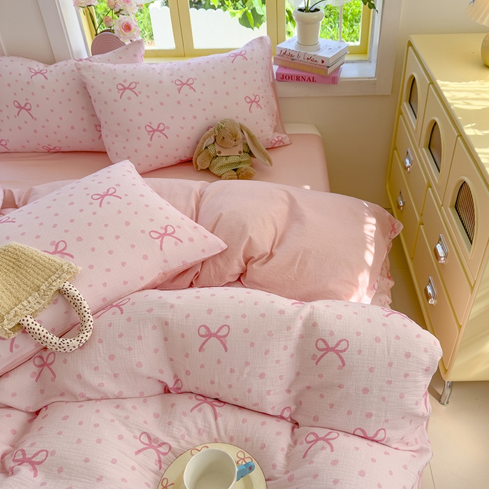 91家纺网 家纺一手货源 找家纺 颜选2025新款105克加厚双层纱木棉四件套（含买家秀） 波点蝴蝶结