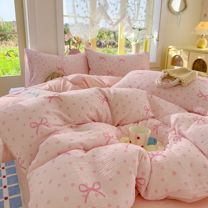 91家纺网 家纺一手货源 找家纺 颜选2025新款105克加厚双层纱木棉四件套（含买家秀） 波点蝴蝶结