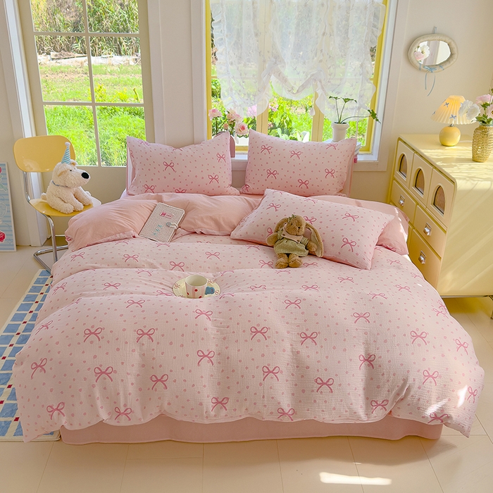 91家纺网 家纺一手货源 找家纺 颜选2025新款105克加厚双层纱木棉四件套（含买家秀） 波点蝴蝶结