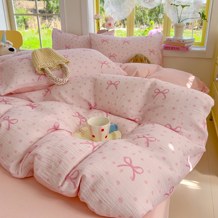 91家纺网 家纺一手货源 找家纺 颜选2025新款105克加厚双层纱木棉四件套（含买家秀） 波点蝴蝶结