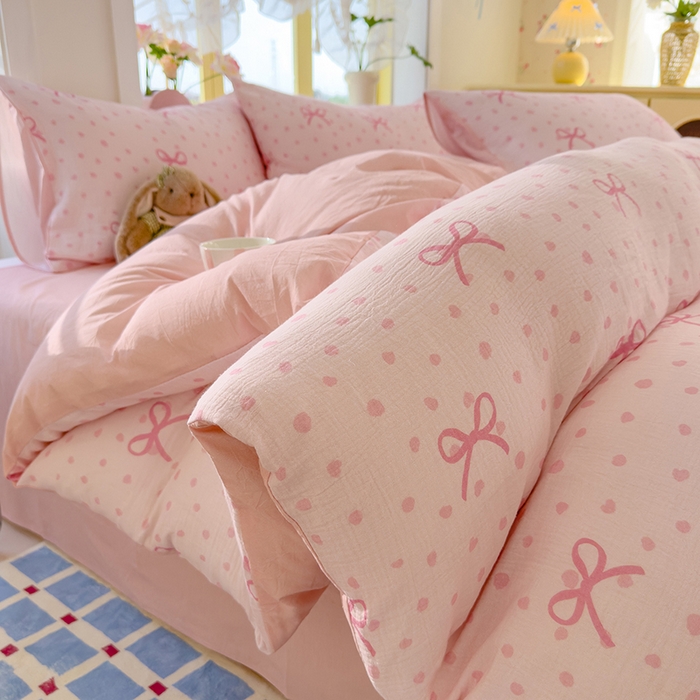 91家纺网 家纺一手货源 找家纺 颜选2025新款105克加厚双层纱木棉四件套（含买家秀） 波点蝴蝶结