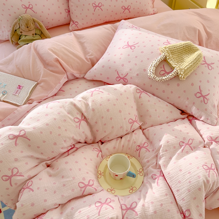 91家纺网 家纺一手货源 找家纺 颜选2025新款105克加厚双层纱木棉四件套（含买家秀） 波点蝴蝶结