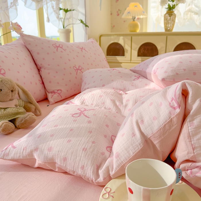 91家纺网 家纺一手货源 找家纺 颜选2025新款105克加厚双层纱木棉四件套（含买家秀） 波点蝴蝶结