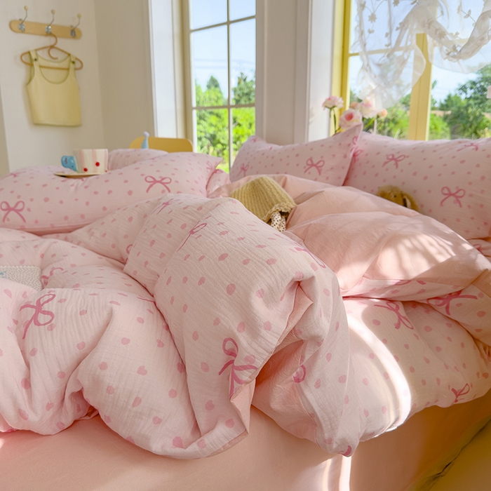 91家纺网 家纺一手货源 找家纺 颜选2025新款105克加厚双层纱木棉四件套（含买家秀） 波点蝴蝶结