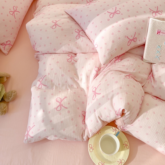 91家纺网 家纺一手货源 找家纺 颜选2025新款105克加厚双层纱木棉四件套（含买家秀） 波点蝴蝶结