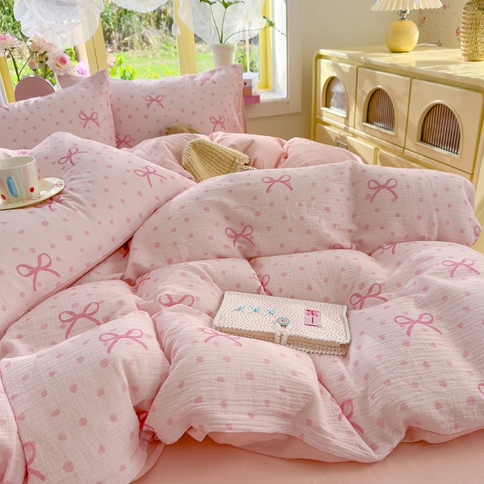 91家纺网 家纺一手货源 找家纺 颜选2025新款105克加厚双层纱木棉四件套（含买家秀） 波点蝴蝶结