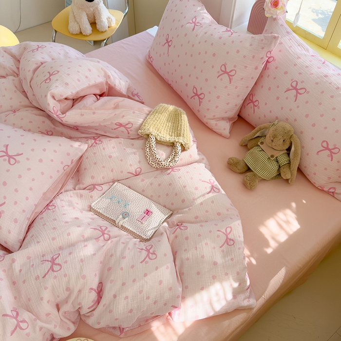 91家纺网 家纺一手货源 找家纺 颜选2025新款105克加厚双层纱木棉四件套（含买家秀） 波点蝴蝶结