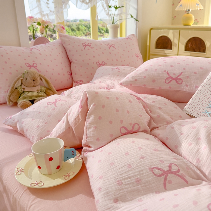 91家纺网 家纺一手货源 找家纺 颜选2025新款105克加厚双层纱木棉四件套（含买家秀） 波点蝴蝶结