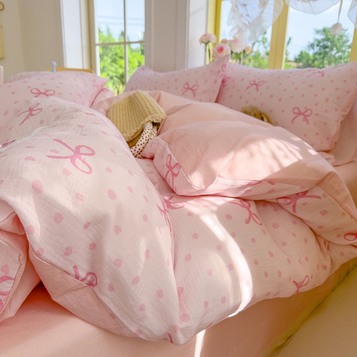 91家纺网 家纺一手货源 找家纺 颜选2025新款105克加厚双层纱木棉四件套（含买家秀） 波点蝴蝶结