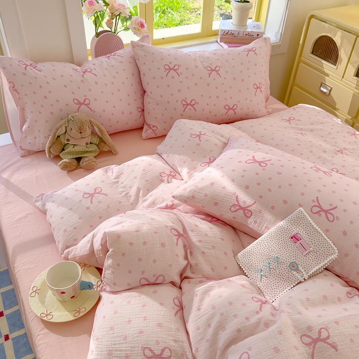 91家纺网 家纺一手货源 找家纺 颜选2025新款105克加厚双层纱木棉四件套（含买家秀） 波点蝴蝶结