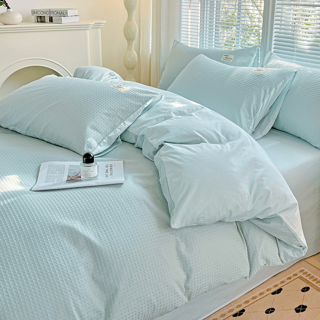 91家纺网 家纺一手货源 找家纺 慕尚家纺 2025新款高端40s加厚款全棉纯棉纯色四件套 冰心蓝