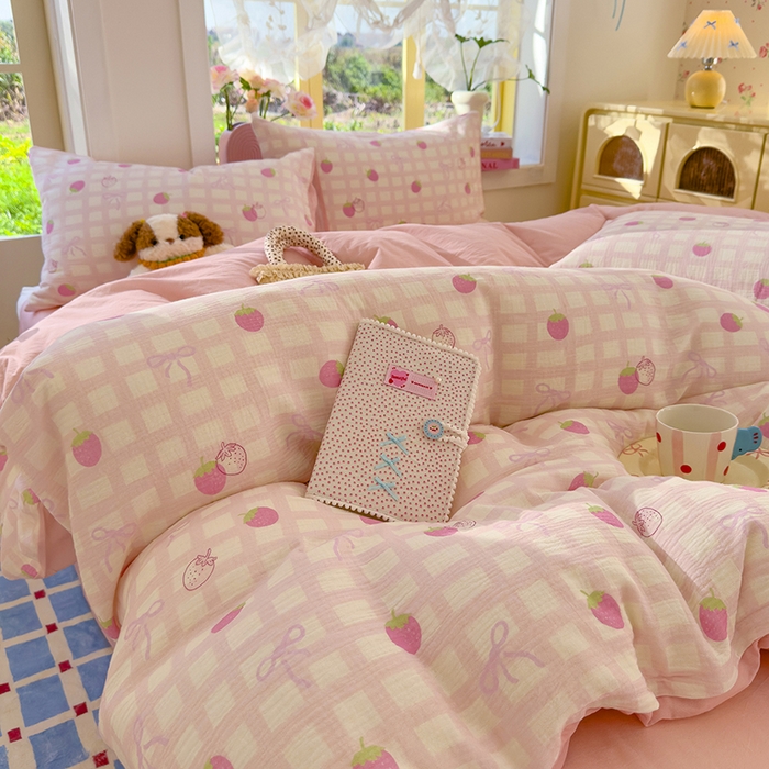 91家纺网 家纺一手货源 找家纺 颜选2025新款105克加厚双层纱木棉四件套（含买家秀） 草莓蝴蝶结