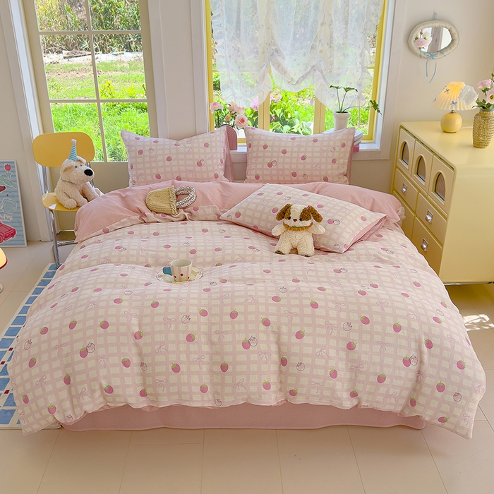 91家纺网 家纺一手货源 找家纺 颜选2025新款105克加厚双层纱木棉四件套（含买家秀） 草莓蝴蝶结