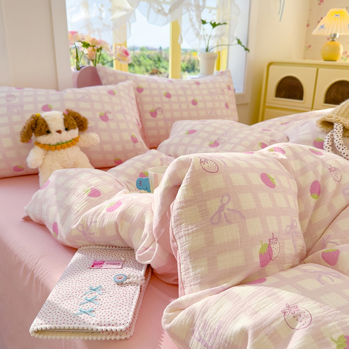 91家纺网 家纺一手货源 找家纺 颜选2025新款105克加厚双层纱木棉四件套（含买家秀） 草莓蝴蝶结