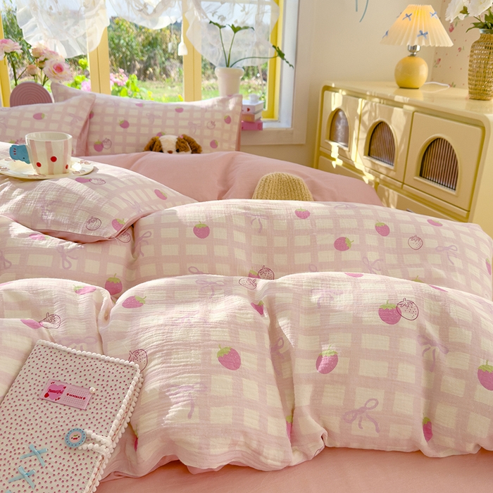 91家纺网 家纺一手货源 找家纺 颜选2025新款105克加厚双层纱木棉四件套（含买家秀） 草莓蝴蝶结