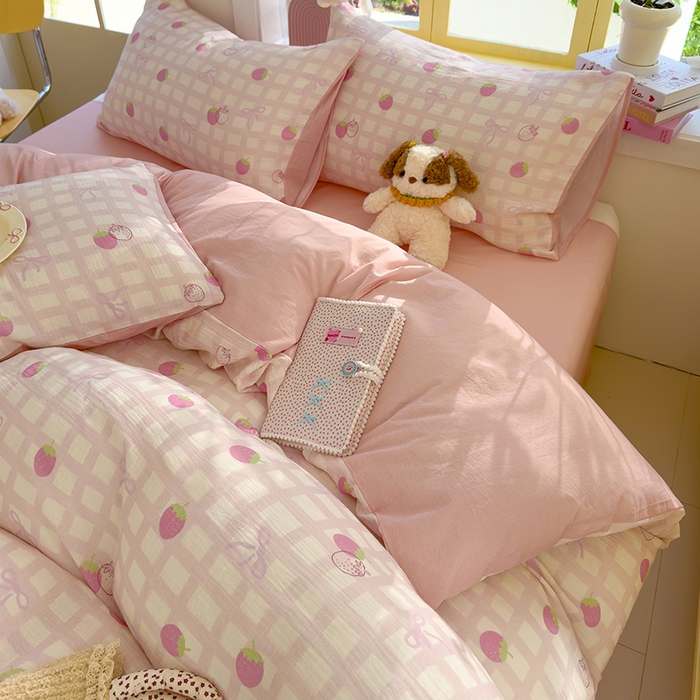 91家纺网 家纺一手货源 找家纺 颜选2025新款105克加厚双层纱木棉四件套（含买家秀） 草莓蝴蝶结