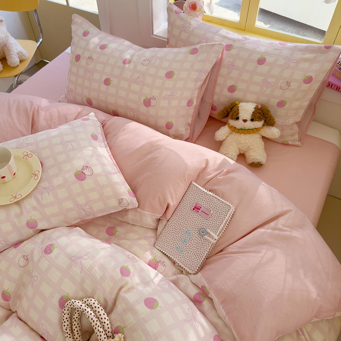 91家纺网 家纺一手货源 找家纺 颜选2025新款105克加厚双层纱木棉四件套（含买家秀） 草莓蝴蝶结