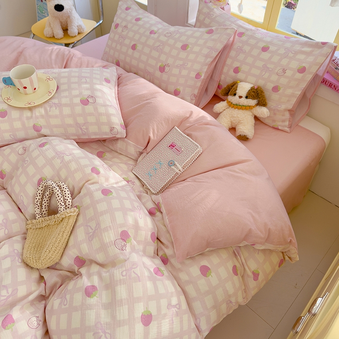 91家纺网 家纺一手货源 找家纺 颜选2025新款105克加厚双层纱木棉四件套（含买家秀） 草莓蝴蝶结