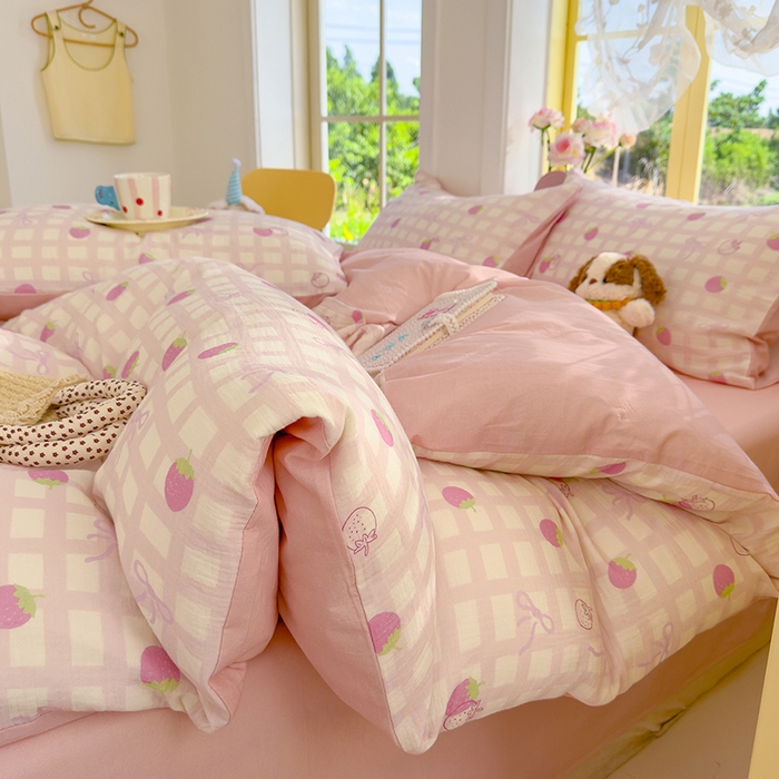 91家纺网 家纺一手货源 找家纺 颜选2025新款105克加厚双层纱木棉四件套（含买家秀） 草莓蝴蝶结