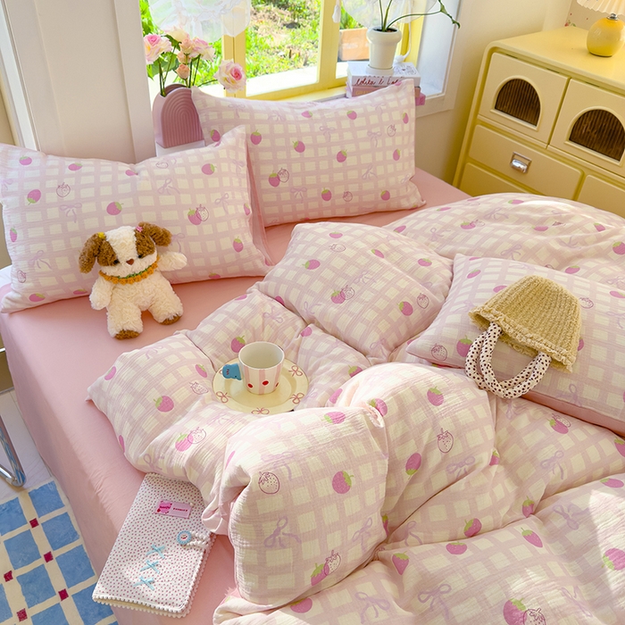 91家纺网 家纺一手货源 找家纺 颜选2025新款105克加厚双层纱木棉四件套（含买家秀） 草莓蝴蝶结