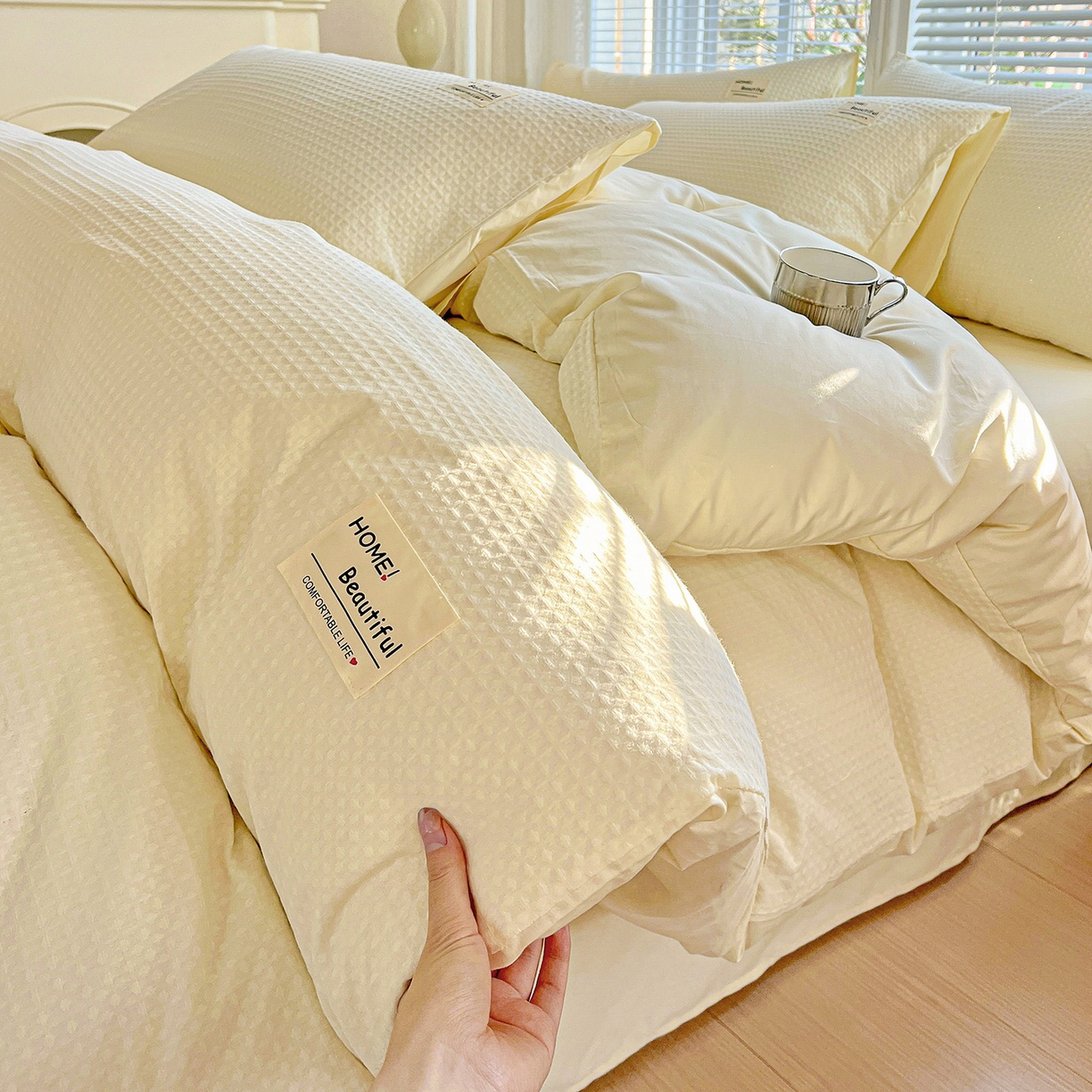 慕尚家纺 2025新款高端40s加厚款全棉纯棉纯色四件套 奶油白