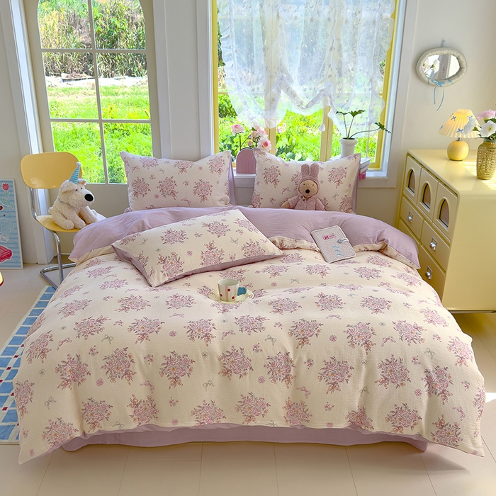 91家纺网 家纺一手货源 找家纺 颜选2025新款105克加厚双层纱木棉四件套（含买家秀） 淡雅花笺